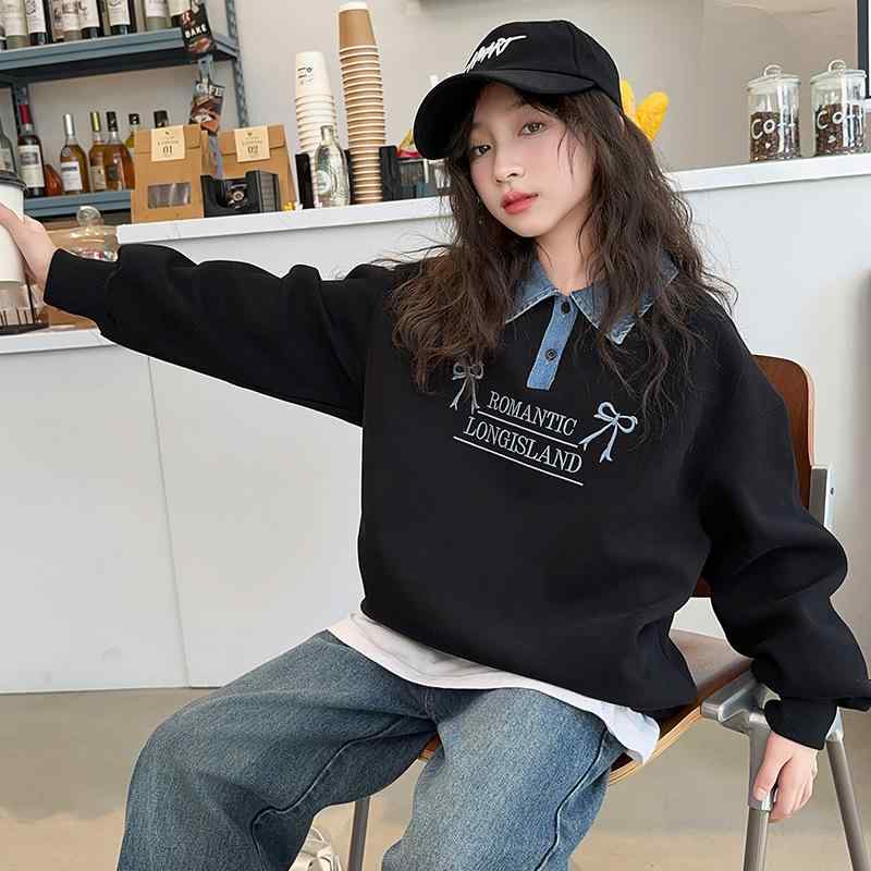 シャドーテールのキッズ パンツ セットアップ 女の子 春秋 長袖 スウェットシャツ デニム ワイドレッグ 120 130 140 150 160 170cm スポーツMIX かわいい プリント ゆったり 普段着 部屋着 グレー ブラック｜アングル2