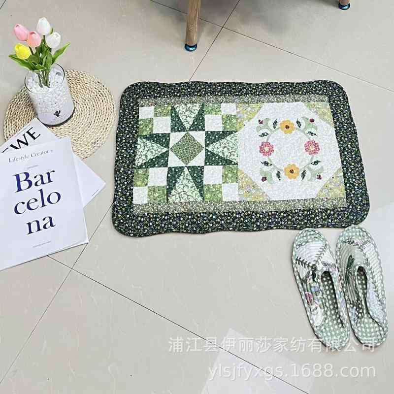 玄関マット 純綿 キルティング ラグ カーペット ドアマット 防ダニ 幾何学模様 格子柄 水洗い可 天ブル..