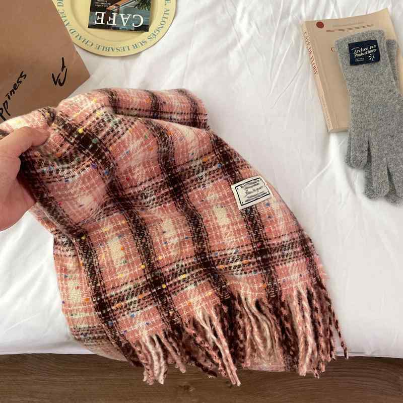 マフラー レディース 秋冬 韓国風 チェック柄 水玉 ウールタッチ ニット ショール ストール 防寒 米白 ..