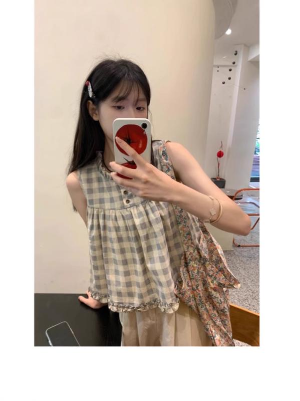 シャツ レディース 半袖 トップス 綿 格子柄 かわいい ガーリー カジュアル 襟付き ブラウス 春夏 アイボリー S M L XL