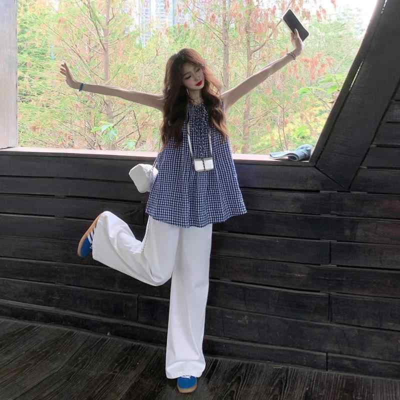 Tシャツ レディース 韓国風 レトロ ブルー ホワイト 格子柄 ノースリーブ トップス ゆったり かわいい 絞り染め風 ドールシャツ ポリエステル