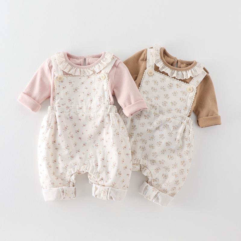 Overalls - 子供用パンツセット 2点セット 女児 秋物 ベビー服 背当てパンツ 春秋 A類 コットン 花柄 ピンク系