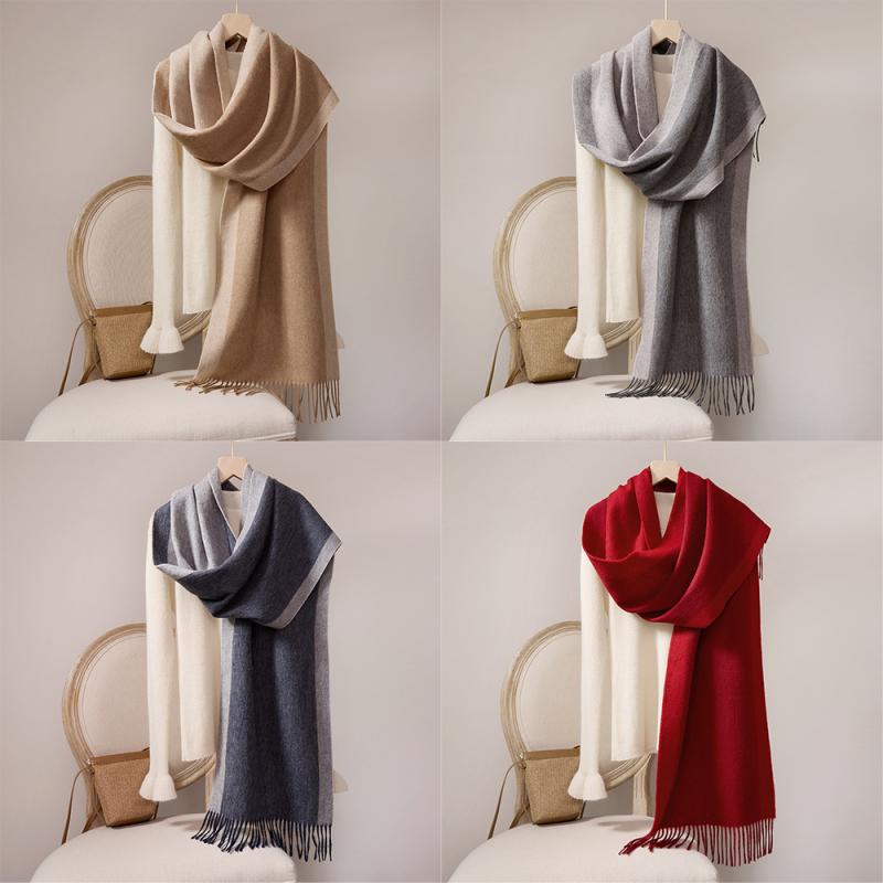 マフラー ストール 男女兼用 ウール100% 秋冬 防寒 あったか 両面 無地 フリンジ付き 大判 レッド キャメル ネイビー ブルー グリーン グレー ベージュ オレンジ
