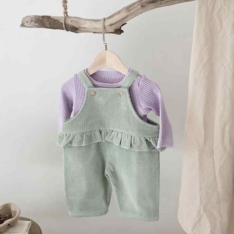 シャドーテールのベビー服 春秋 コーデュロイ サロペット 長ズボン カットソー 上下セット 女の子 肩ボタン 長袖 綿 無地 66cm 73cm｜アングル2