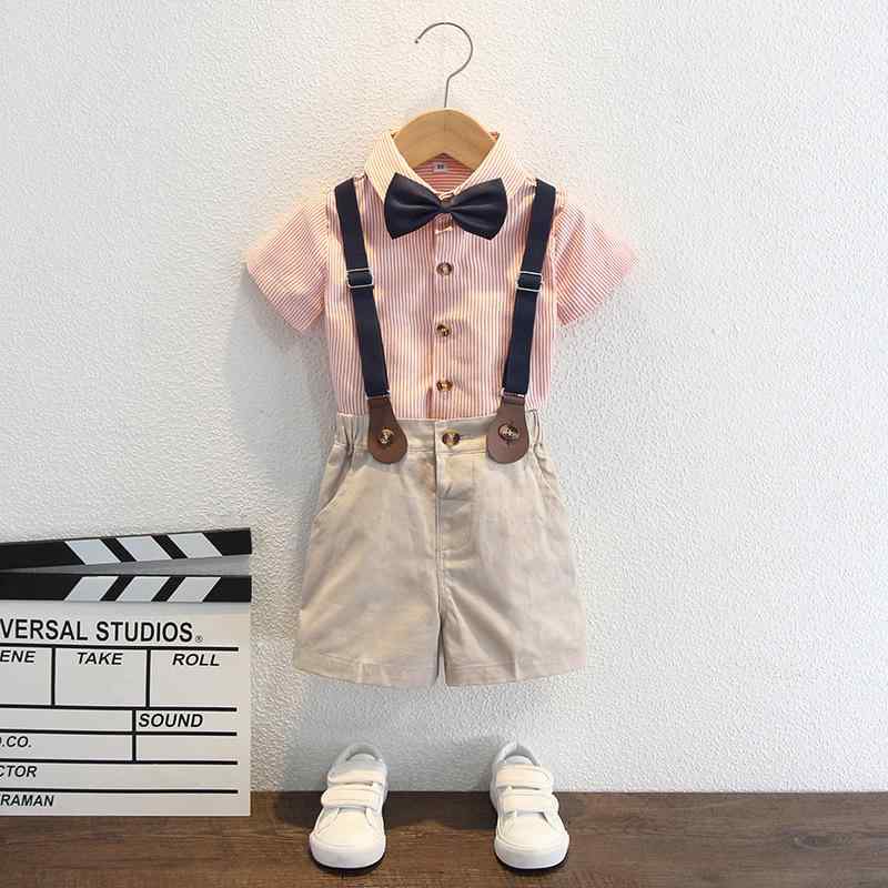 子供用セットアップ ストライプ柄シャツ 半袖 サスペンダー付きパンツ 韓国風 男の子 フォーマル 合唱 発表会 演奏会 ピンク系 水色系 緑系 薄手 3