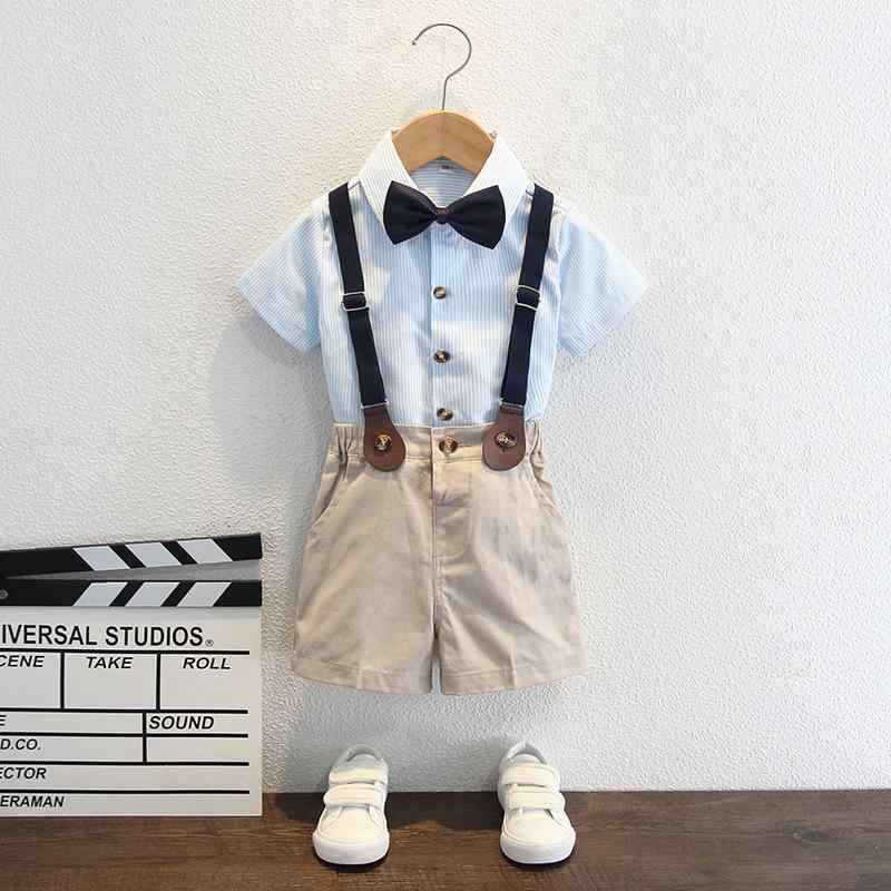 子供用セットアップ ストライプ柄シャツ 半袖 サスペンダー付きパンツ 韓国風 男の子 フォーマル 合唱 発表会 演奏会 ピンク系 水色系 緑系 薄手 2