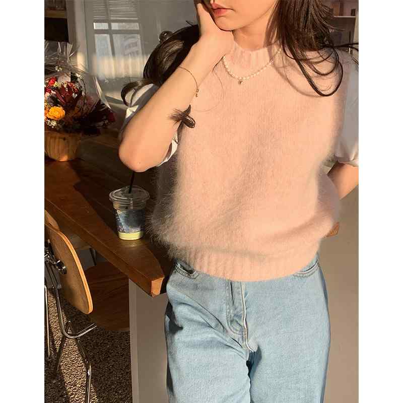 ニットベスト レディース ピンク系 春秋 レイヤード風 ノースリーブ 学院風 普段使い かわいい 灰色 アクリル ゆったり