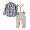 子供用セットアップ 長袖シャツ サロペット 2点セット 春秋 男の子 ストライプ 無地 コットン