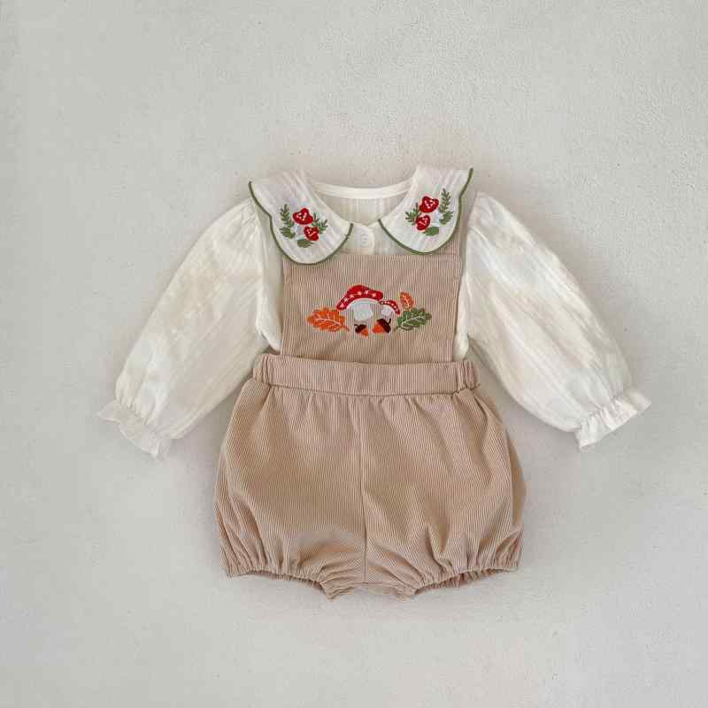 シャドーテールのベビー服 女の子 刺繍入りトップス サロペット 2点セット コットン 春秋 新生児 かわいい 花柄｜アングル2