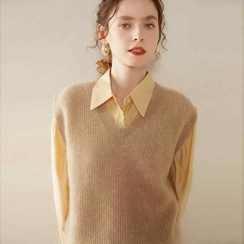 ニットベスト レディース Vネック 100% カシミヤ セーター ベスト ノースリーブ プルオーバー 無地 トップス カン肩 秋冬 青絨色 高雅駝 桜花粉 紫絨色 金駝色 黒 S M L XL XXL