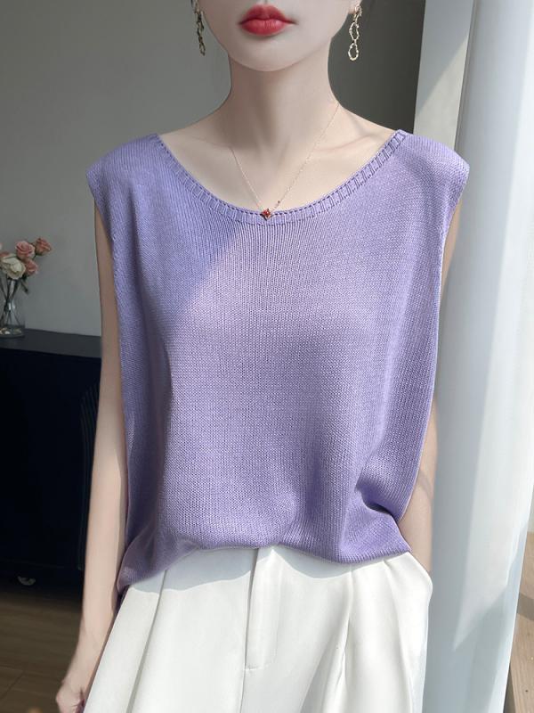 ニットベスト レディース Uネック シルク 麻 混紡 ノースリーブ トップス 韓国風 カジュアル インナー 重ね着 ベージュ グリーン スカイブルー イエロー パープル ブラック