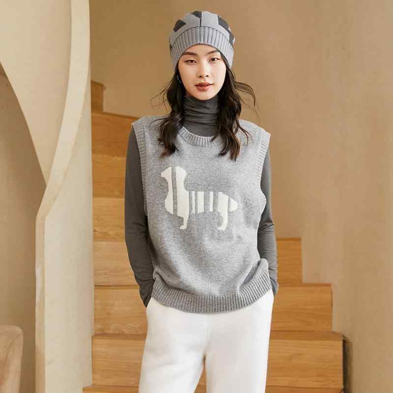 ニットベスト レディース 丸首 抽象柄 ジャカード カシミヤ100 厚手 ゆったり 花砂グレー 杢グレー オ..