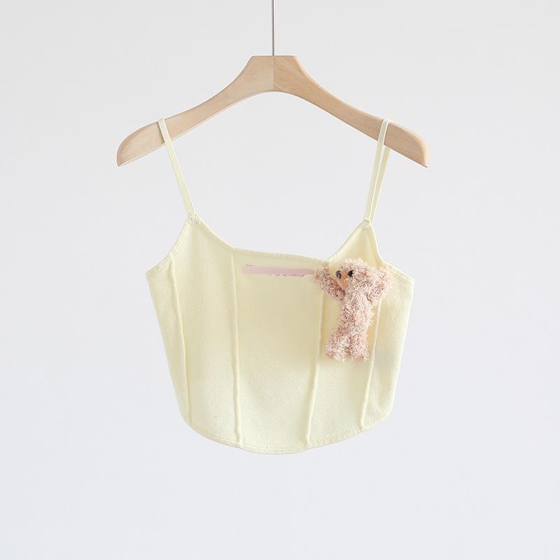 キャミソール レディース かわいい 韓国風 取り外し可能 クマ 刺繍 ノースリーブ トップス ニット ビスコース 普段使い デート 春夏 イエロー系