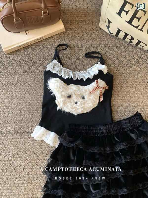 キャミソール レディース かわいい 毛绒 小犬 レース コットン ショート丈 スリムフィット インナー トップス 白 黒 黄色 グレー