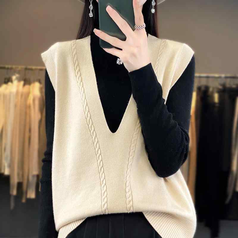 Other - ニットベスト レディース Vネック プルオーバー ケーブル編み ゆったり あったか 秋冬 ベージュ キャメル ブラウン ピンク グリーン ネイビー ブラック