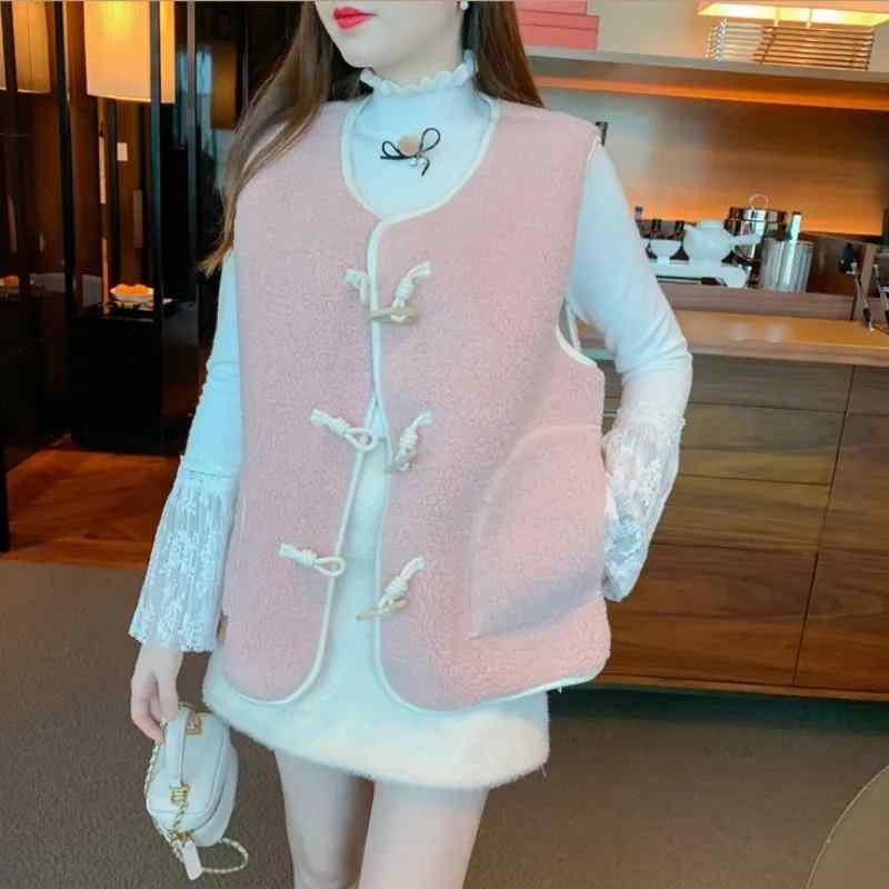ベスト レディース ラムウール風 Vネック チョッキ トップス 秋冬 3D装飾 留め具付き ポリエステル ピンク系
