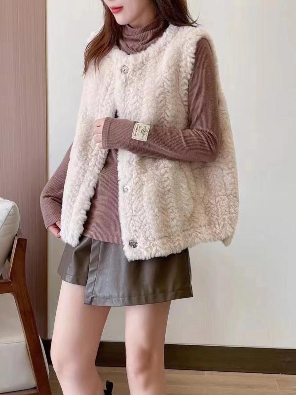 ベスト レディース 秋冬 ラビットファー風 フェイクファー ショート丈 カーディガン Uネック 無地 ゆったり ベージュ ブルー ピンク ブラウン キャメル