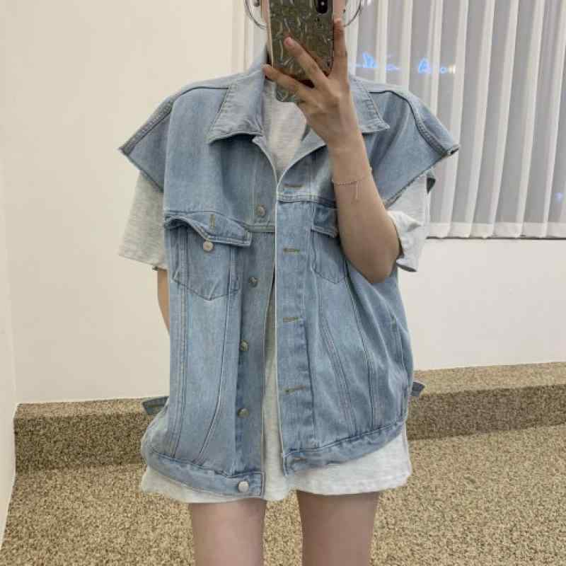 ベスト レディース 韓国風 毛羽立ち デニム 襟付き シングルブレスト ワイドショルダー ゆったり 春夏 ライトブルー ダークブルー
