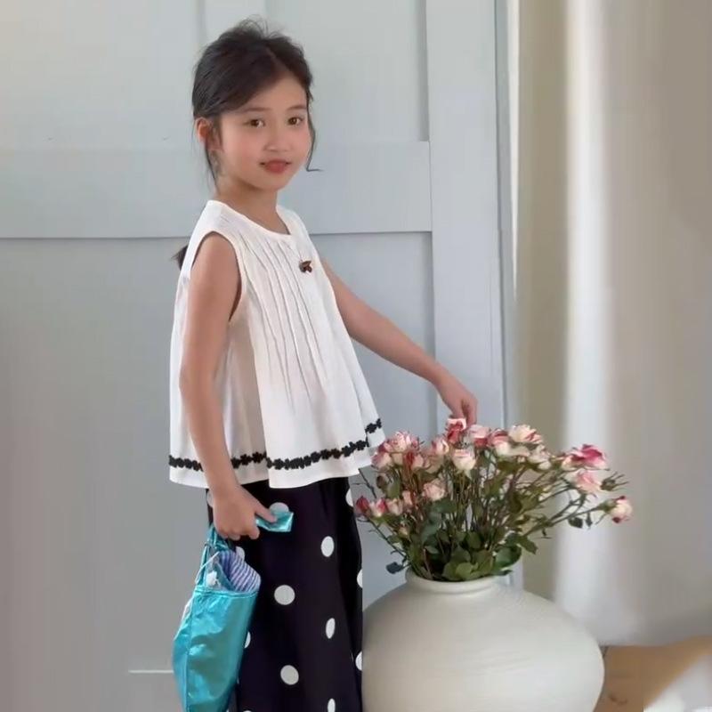 子供用セットアップ 女の子 薄手 ノースリーブ ドールシャツ 水玉 ワイドレッグパンツ 2点セット 子供服 ブラック ホワイト 120cm 130cm 140cm 150cm 160cm 170cm