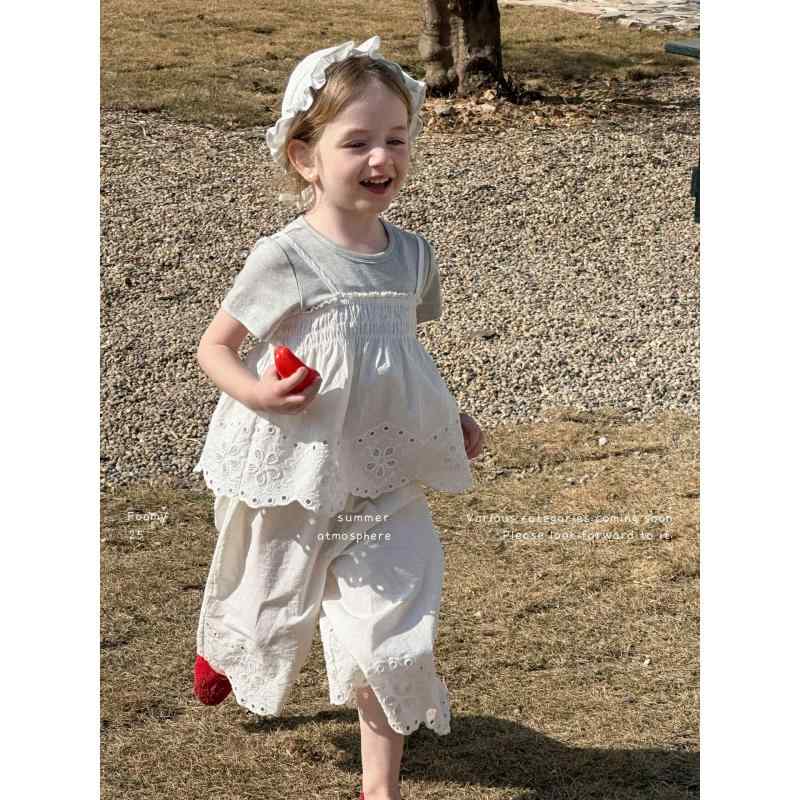 キッズ 女の子 セットアップ ノースリーブ ブラウス ワイドレッグ クロップドパンツ 2点セット 綿100% 夏 薄手 かわいい おしゃれ 普段着