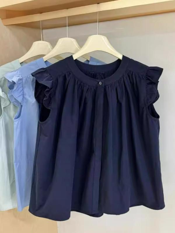 シャツ レディース 半袖 ブラウス パフスリーブ 無地 ゆったり ラウンドネック ドロップショルダー 涼しい かわいい 普段使い 通勤 オフィススタイル 水色 紺色