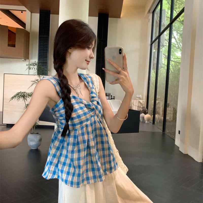 キャミソール レディース ブルー 格子柄 ツイスト ノースリーブ exposure バック スタイル トップス ポリエステル 普段使い かわいい 大人 75-120斤