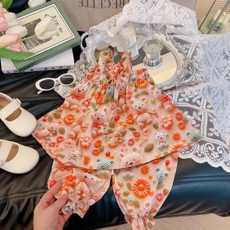 子供用セットアップ ガールズ かわいい スカートスーツ 夏物 薄手 ノースリーブ 2点セット 8歳以上 140cm以上 普段使い 通学 幼稚園 保育園 小学生 レッド イエロー