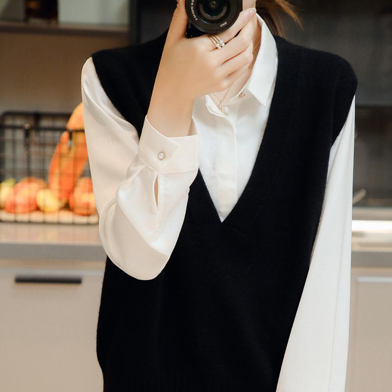 ニットベスト レディース 羊毛100％ Vネック プルオーバー ゆったり チョッキ トップス 韓国ファッション カジュアル 秋冬 ブラック グレー キャメル