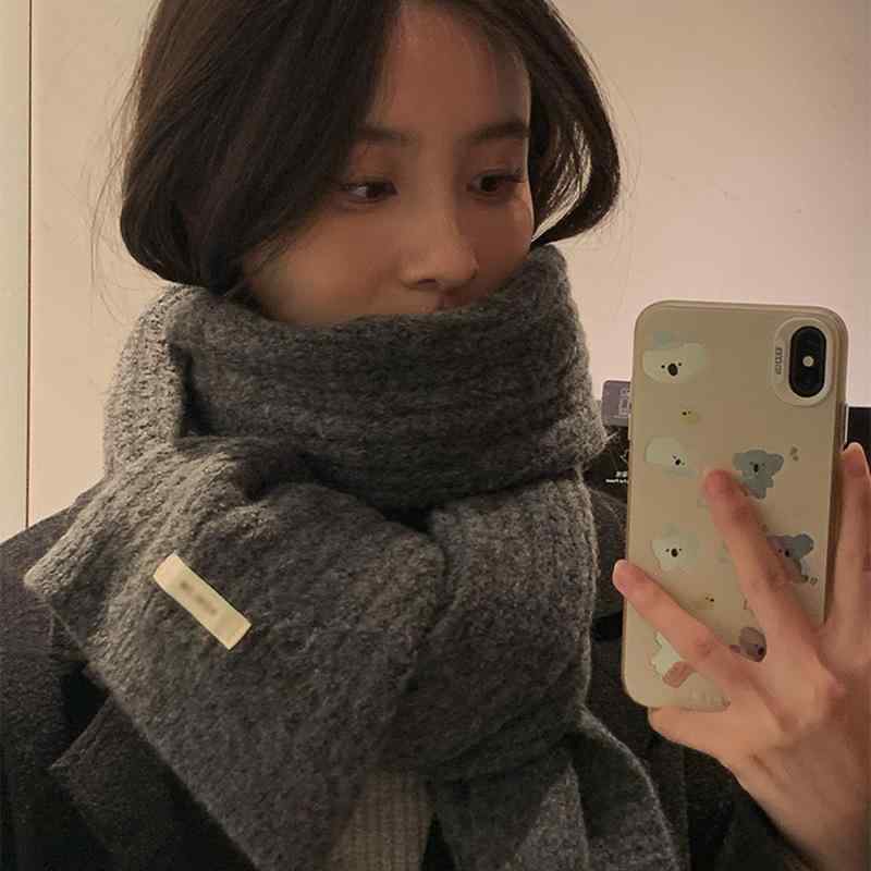 マフラー レディース 秋冬 保温 ショール ストール メンズ ウール カシミヤ混紡 ニット 灰色 深灰 160cm 24cm 普段使い 通勤用 防寒