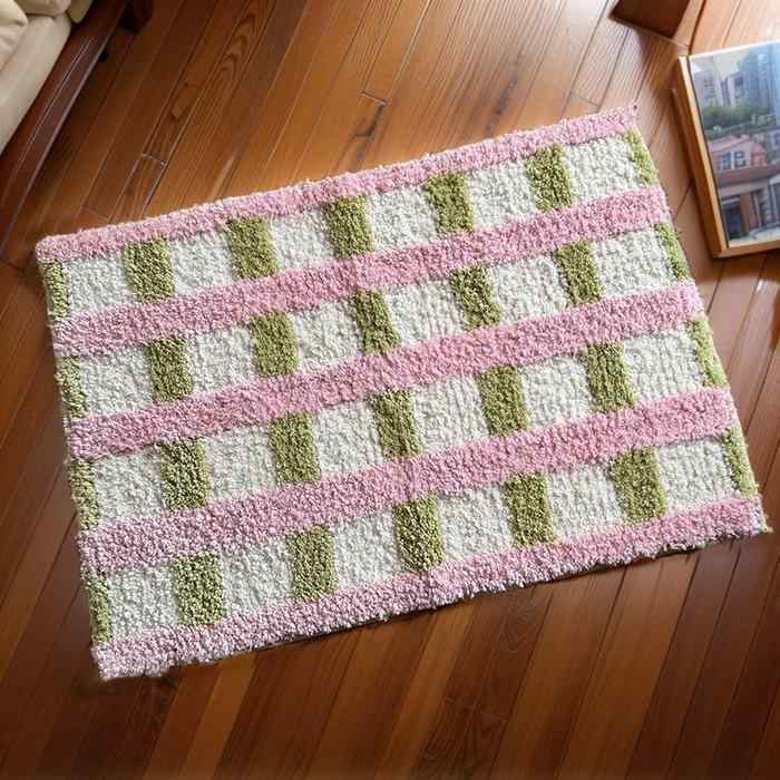 ラグ カーペット マット レディース 韓国風 植毛 ドーパミン 桜ピンク 抹茶 格子縞 ストライプ ベッドルーム リビングルーム クローク 厚手 45x70cm 100x150cm
