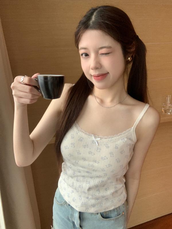 キャミソール レディース 甜美 かわいい 小花柄 クマ柄 インナー トップス ショート丈 スリムフィット 綿 接触冷感