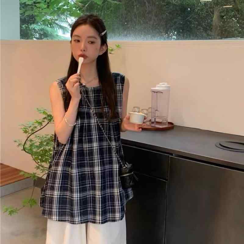 シャツ レディース フレンチ格子柄 ノースリーブ ブラウス チュニック トップス 涼しい 快適 ポリエステル 90% ゆったり かわいい 上品