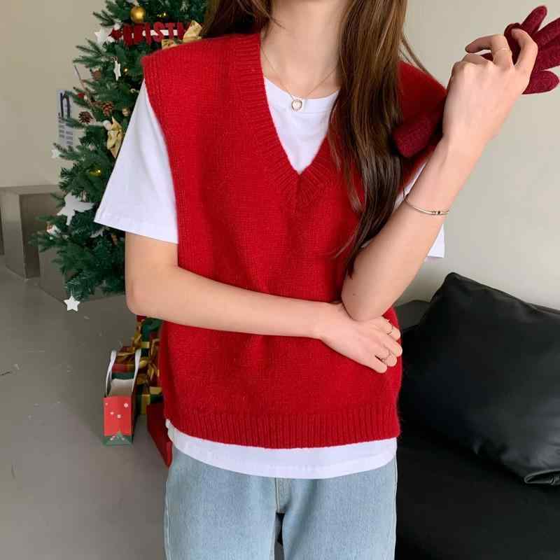 ニットベスト レディース Vネック ウール混紡 ゆったり 重ね着 カジュアル 韓国風 グレー キャメル 赤 黒 ベージュ S M L XL XXL