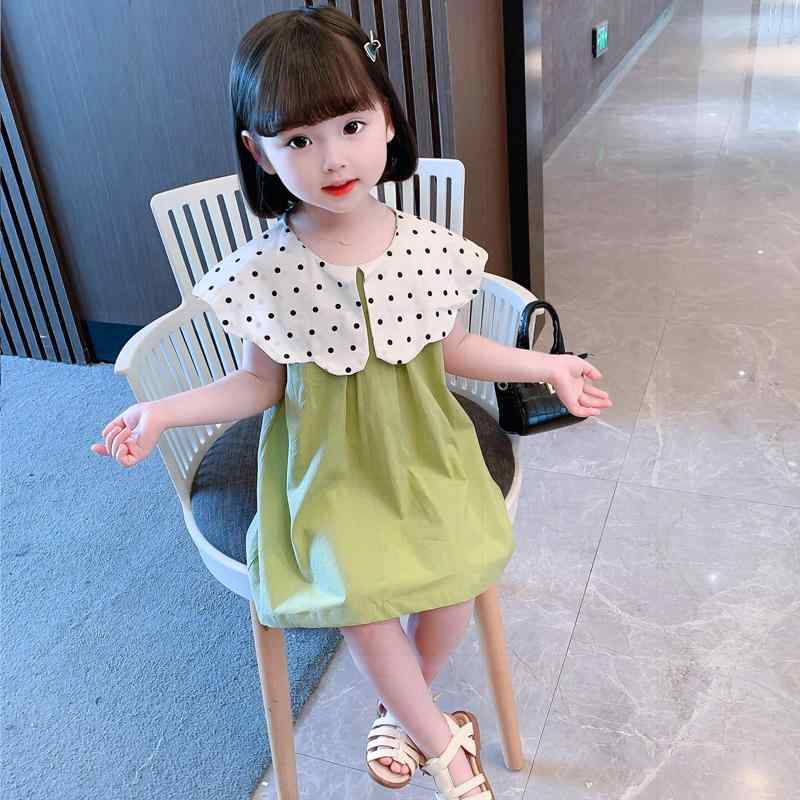 ワンピース ガールズ 子供服 ドット柄 パフスリーブ Aライン ノースリーブ かわいい サマーワンピース 薄手 通園 普段着