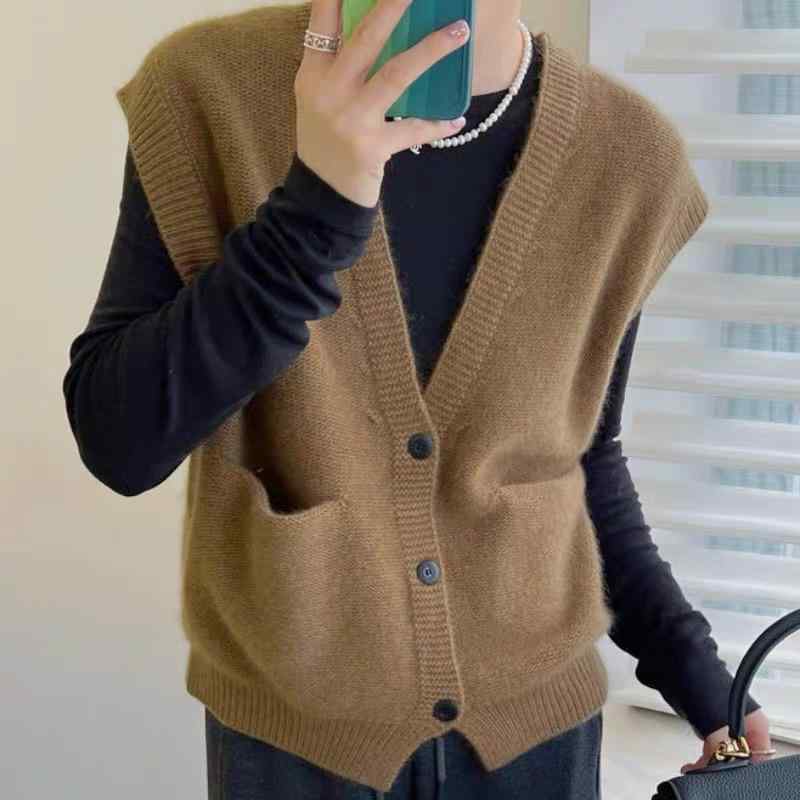 ベスト レディース Vネック ウール 羊毛 ニットベスト レイヤード 重ね着 ゆったり 黄キャメル色 グレ..