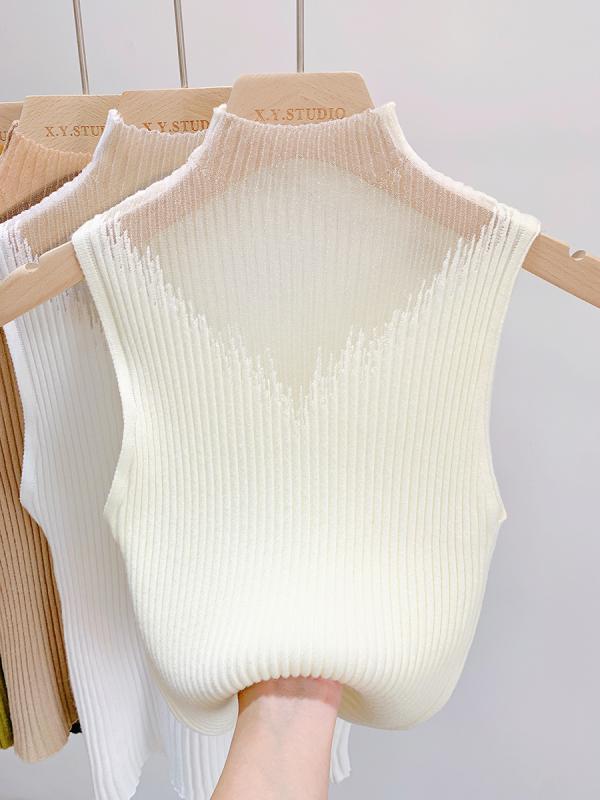 タンクトップ レディース 女性用 トップス ノースリーブ ニット スリムフィット 接触冷感 ポリエステル カジュアル 韓国風 ホワイト ブ..