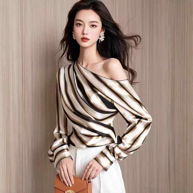 シャツ レディース 春秋 ストライプ柄 トップス ポリエステル 長袖 斜め襟 きれいめ 通勤 おしゃれ エレガント かわいい 接触冷感
