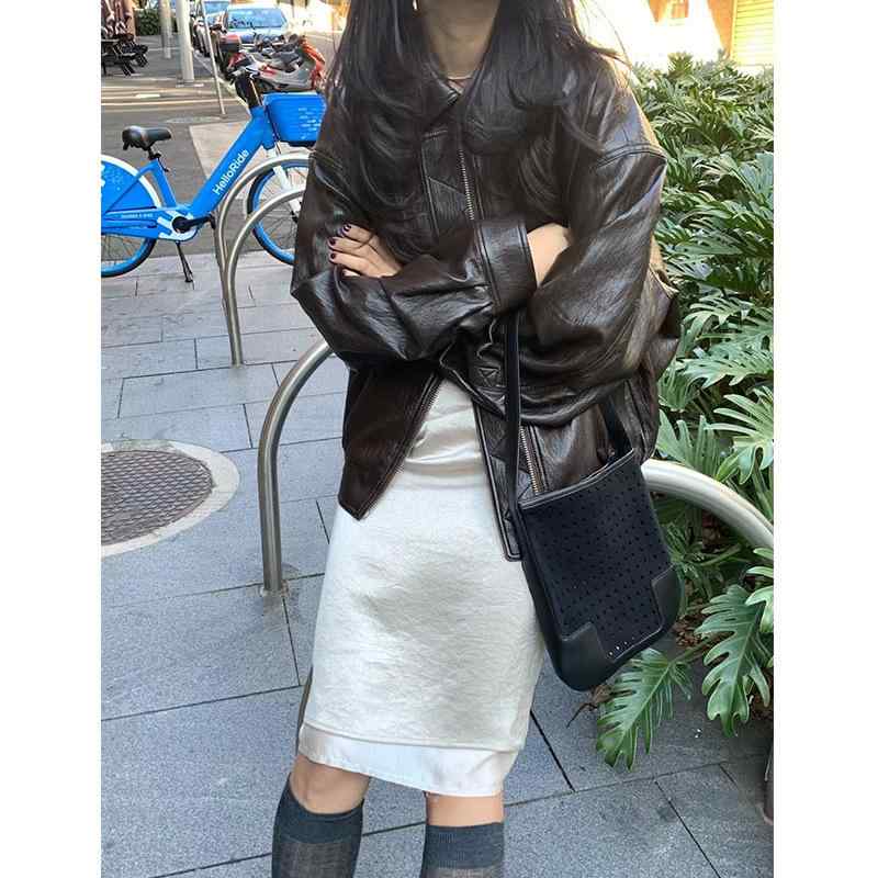 ジャケット レディース 秋冬 フェイクレザー 翻襟 長袖 ブルゾン ジャンパー アウター 韓国風 カジュアル ゆったり ブラウン ブラック(4)