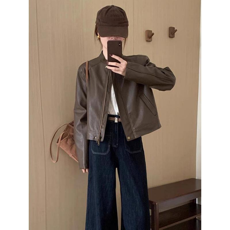 レザージャケット レディース 春物 ショート丈 スタンドカラー フェイクレザー ブルゾン ゆったり ブラック ブラウン系 きれいめ 大人 上品 エレガント 高見え