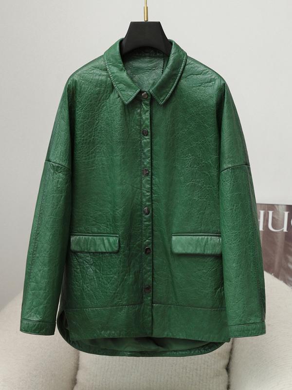 ジャケット レディース 羊革 レザージャケット sheepskin 本革 翻襟 グリーン M L XL XXL 普段使い 秋冬 ヴィンテージ加工 復古風