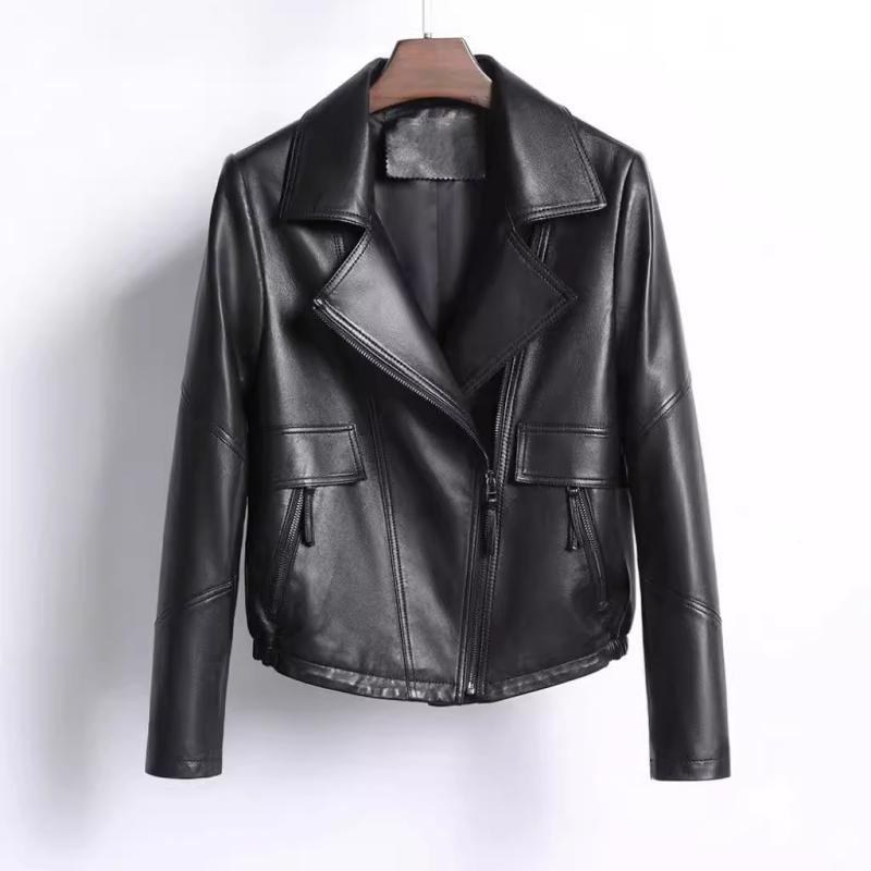 Coat - レザージャケット レディース 本革 ラムレザー ライダースジャケット ショート丈 羊革 韓国風 トップス アウター 秋冬 黒 ブラック M L XL 2XL 3XL