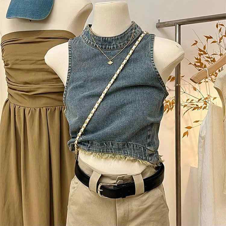 デニム レディース サロペット トップス ダメージ加工 フリンジ ノースリーブ カットオフ 夏 ブルー 綿 レトロ