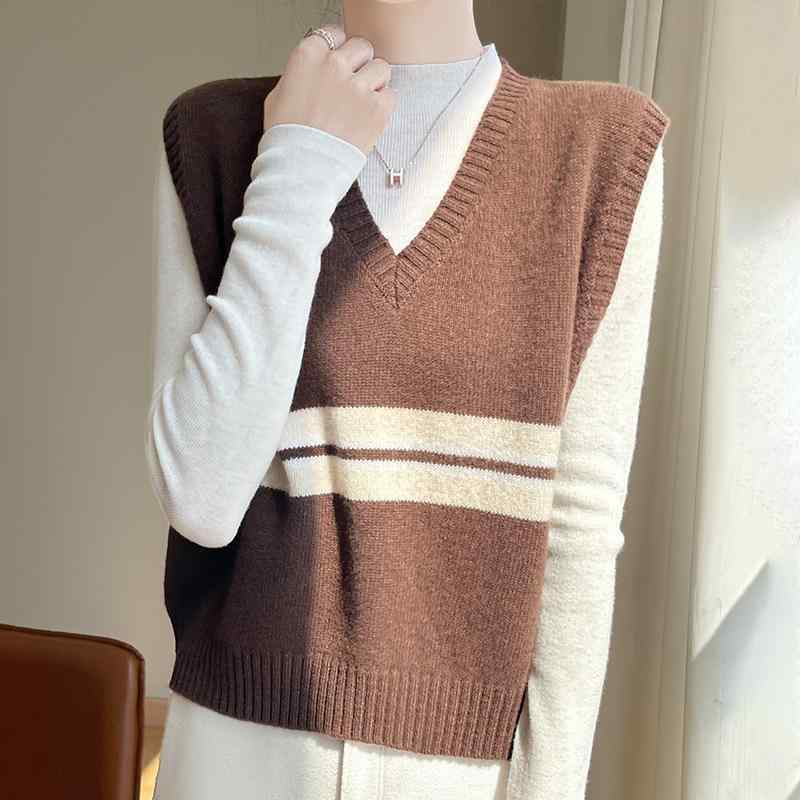 ベスト レディース ウール100％ Vネック リブ編み 配色 重ね着 ファッション 通勤 灰色 グレー 茶色 ブラウン 秋冬