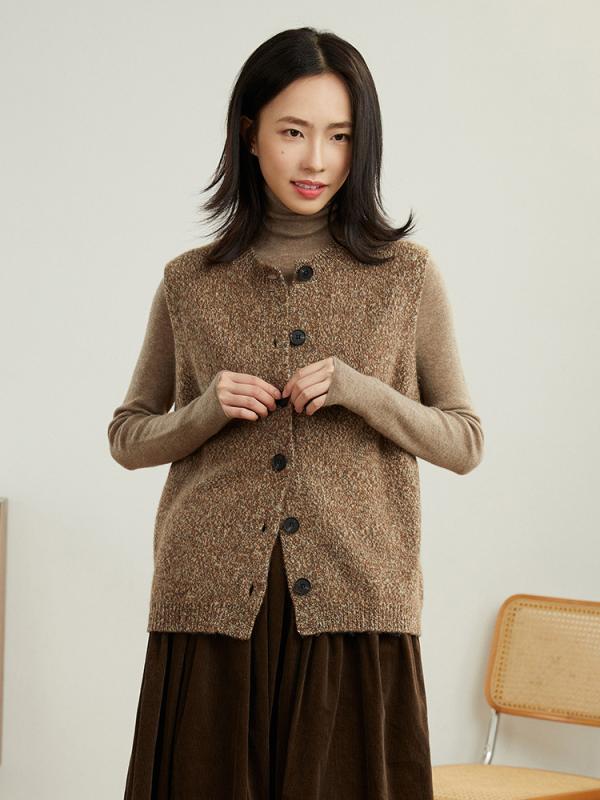 カーディガン レディース 秋冬 花柄 ニット ベスト ゆったり ラウンドネック ウール混紡 ショート丈 花纱藍色 花纱驼色