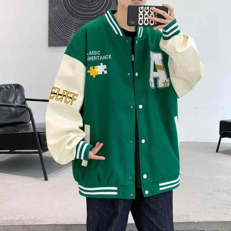 ジャケット メンズ スタジャン 薄手 春秋 男性用 アウター 刺繍 立襟 配色 ゆったりシルエット カジュアル 黒 緑 コーヒー色(4.0)