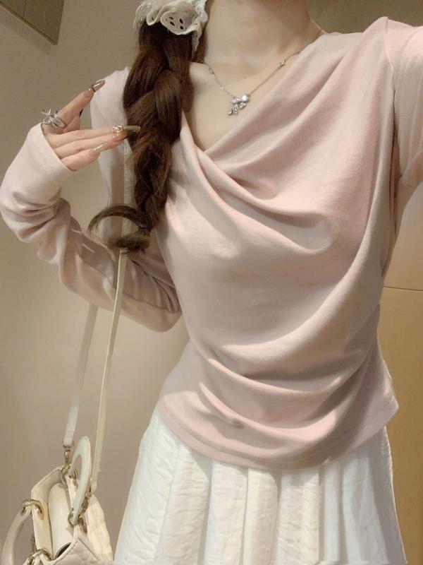 Tシャツ レディース 長袖 秋冬 トップス カットソー ギャザーネック ドレープネック スリムフィット デザイン 肩出し 幾何学模様 ピンク系 ブルー オフィスカジュアル きれいめ