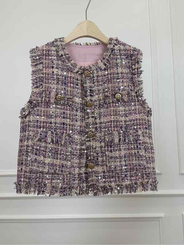 ベスト レディース 秋冬 ショート丈 シャーリング 粗花呢 丸首 袖なし ジャケット アウター 重ね着 羽織り ゆったり かわいい 紫 パープル系 ブルー 青系
