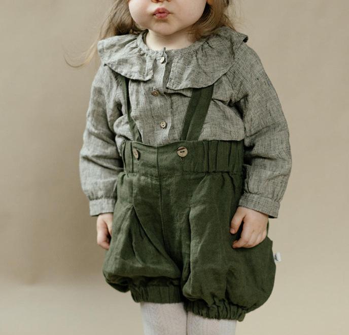 ベビー サロペットパンツ 女の子 子供服 夏 北欧風 無地 ショートパンツ 90cm 100cm 110cm 草グリーン ストライプ柄 コットン