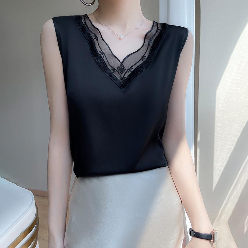 タンクトップ レディース ビスチェ風キャミソール 接触冷感インナー レース ポリエステル ブラック ホ..