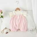 ベビー 上下セット 女の子 夏物 薄手 ストライプ柄 コットン トップス 背帯パンツ 2点セット ピンク系 乳幼児 普段着